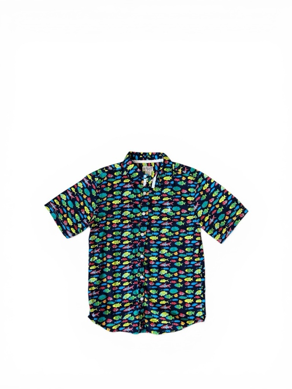 Original Penguin Navy Short-Sleeve Button-Up with Multicolor Fish Print | 10-12